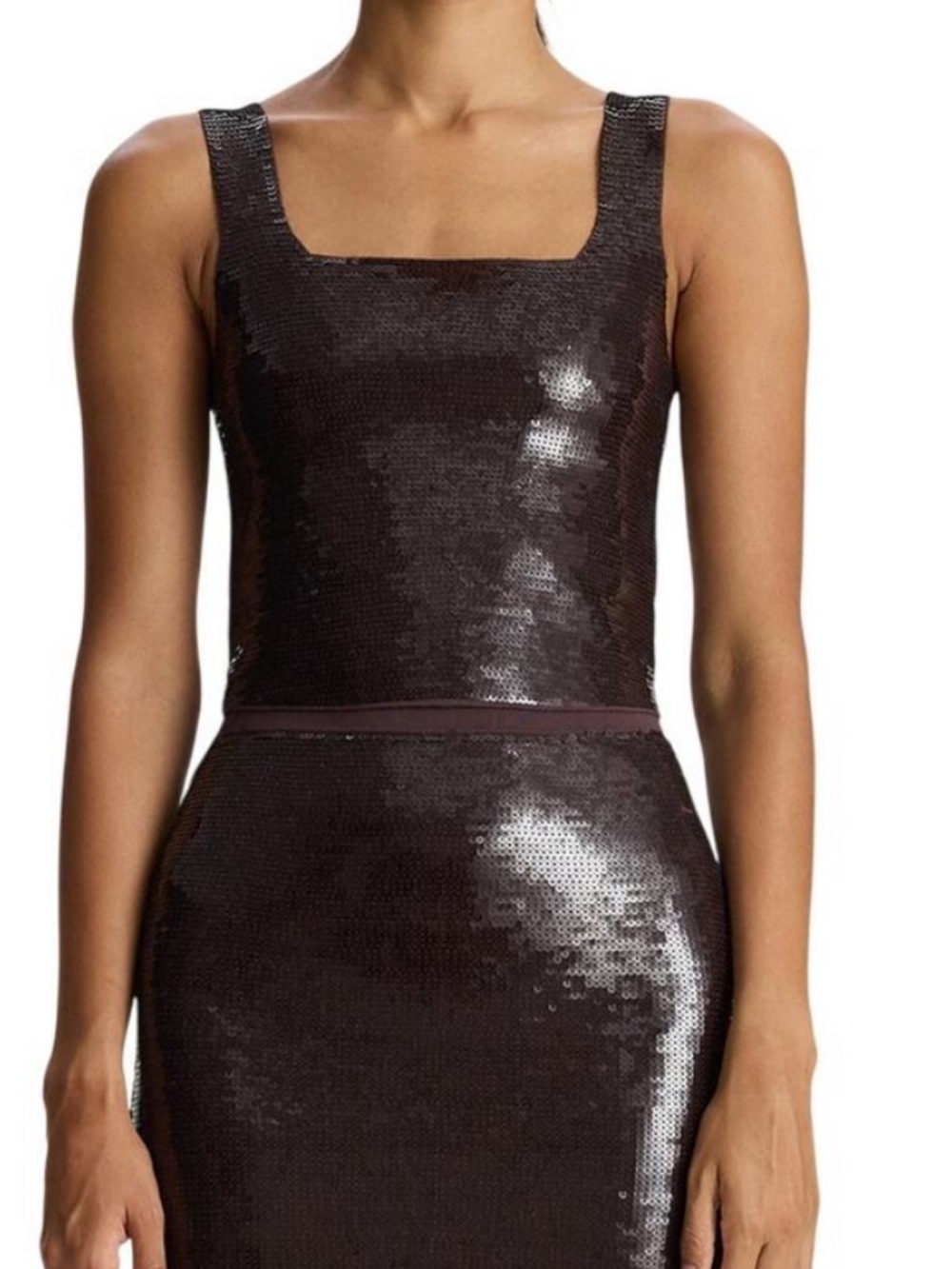 ALC CROP Square-Neck Sequin Tank Dress in Dark Brown